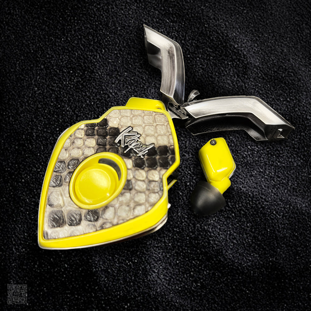 Lemon Viper case in yellow with snakeskin cover and brushed nickel doors open, yellow earbud