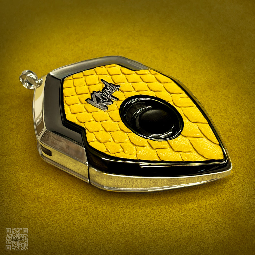 Citron Python charging case with yellow python cover and polished silver frame